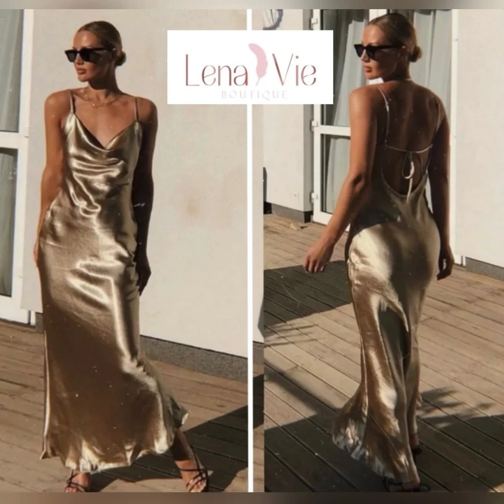 Lena Vie Champagne Addie May Slip Dress Hammered Soft Satin Long Gold Maxi Gown - Picture 1 of 12